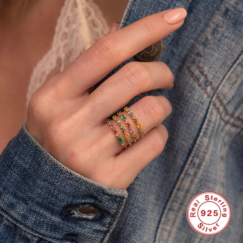 CANNER 925 Sterling Silver Rainbow CZ Ring With Colorful Zircon Diamonds Rings Jewelry Women