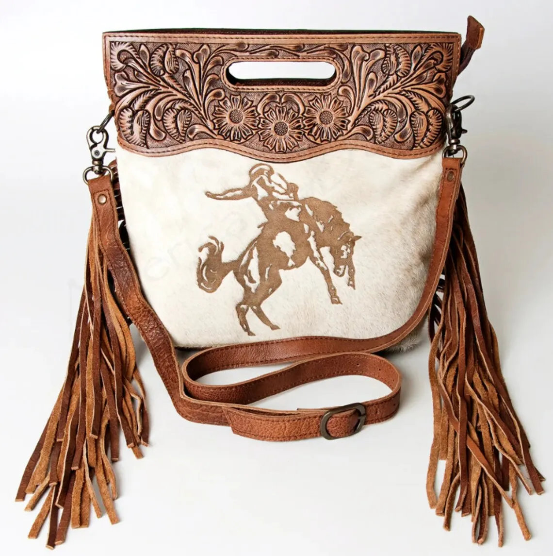 Best Seller Western Hand Tooled Genuine Leather Purse Cowhide Crossbody Saddle Blanket Bag Fringe Bolsa Wholesale Manufacturer