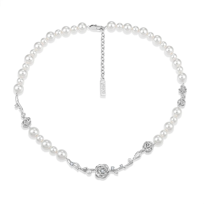 Romantic Rose and Pearl Necklace - Sterling Silver Jewelry with Swarov Crystals - Perfect for Weddings and Special Occasions