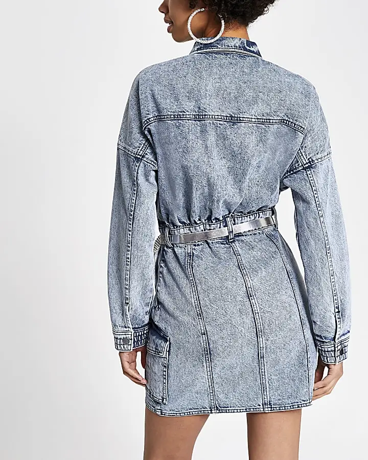 New Fashionable Women Light Blue Dress Button Fly  Belt  Denim Dress For Ladies