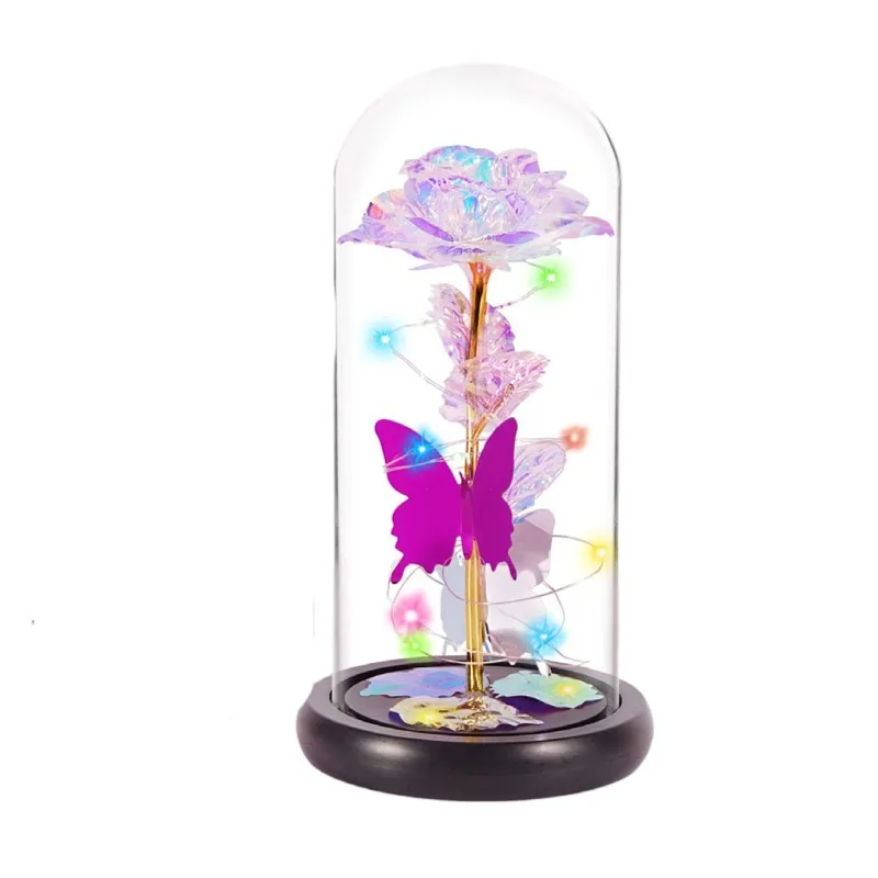 Artificial saint valentine Gifts with butterfly Led Lamp 24k Gold Foil Rose in Glass Dome Decorative Flowers With lights