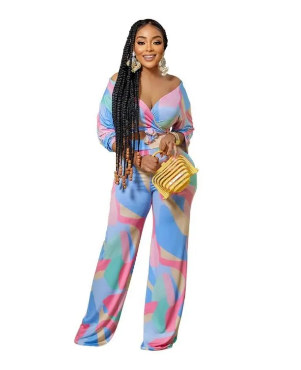 fall 2022 women clothing tie die long sleeves knotted crop top with wide leg pants colorful 2 piece pants set