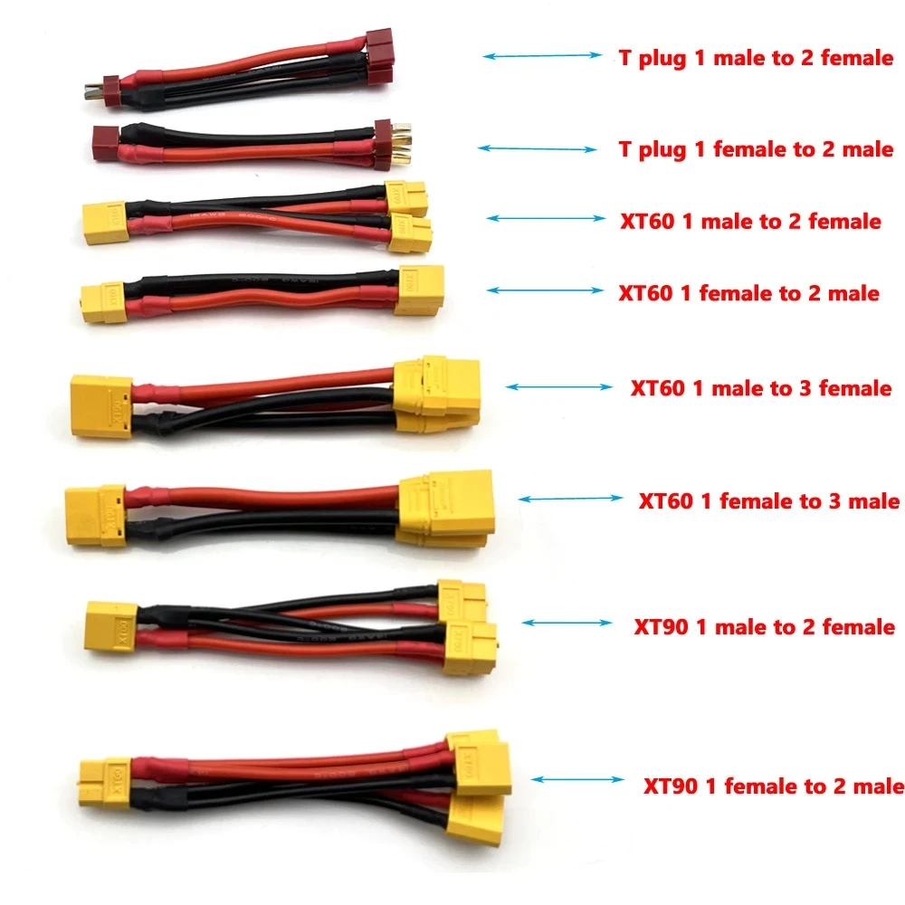 T plug XT60 XT90 Parallel Battery Connector Male/Female Cable Dual Extension Y Splitter 2/3Way Silicone Wire for RC Battery