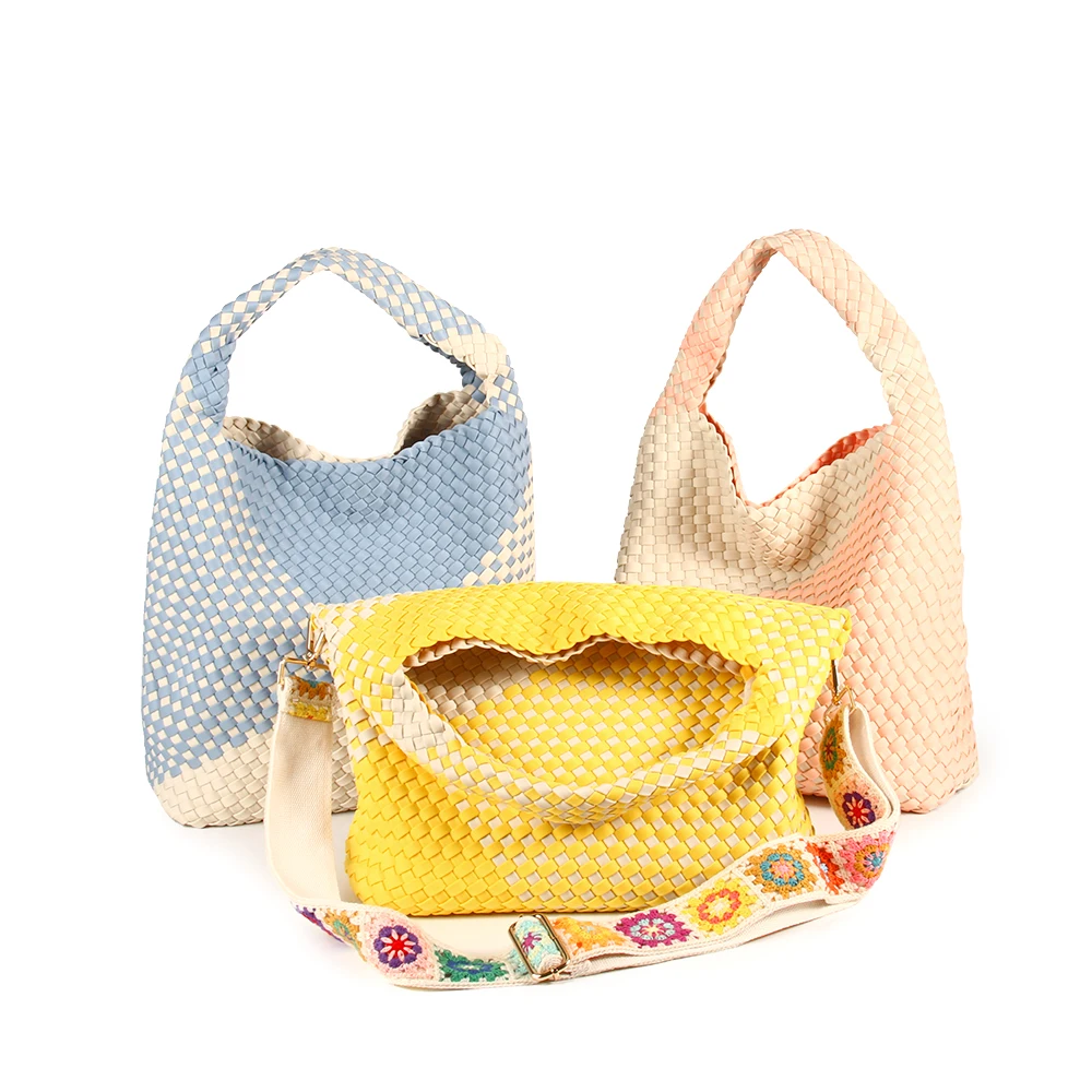 Fashion large shoulder woven Bags Neoprene Woven Large Summer Beach Travel Totes and Purses Vintage Handmade Shoulder Bags