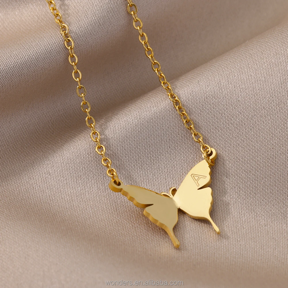 Stainless 18k Gold Minimalist Tiny Butterfly Your Name Initial Pendant Name Necklace For Daughter Mom Christmas Gift