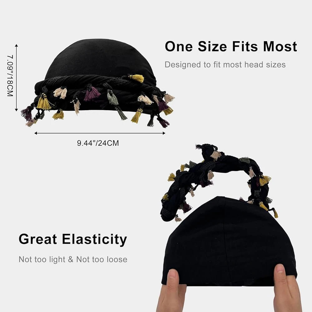 Turban for Men Women Satin Lined Durag Head Wraps Skull Cap Pre-Tied Tassels Braid Beanie Vintage Twist Bonnet
