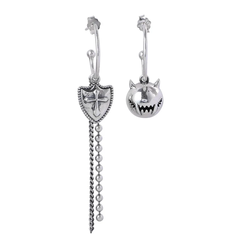 Wholesale 100% S925 Sterling Silver Earrings retro rock little Warcraft cross shield Silver Chain Earrings Jewelry for women