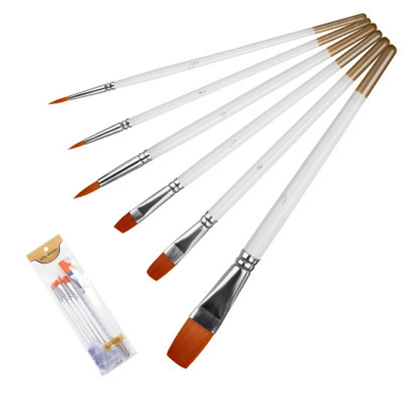 
Custom watercolor gouache oil painting brush nylon hair wooden 6 pcs white multifunction artist paint brush set 