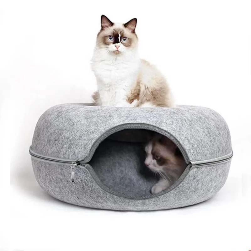 Foldable 2 in 1 Felt Cat Tunnel Round Doughnut Washable Semi Enclosed Bed With Zipper Pet Cage