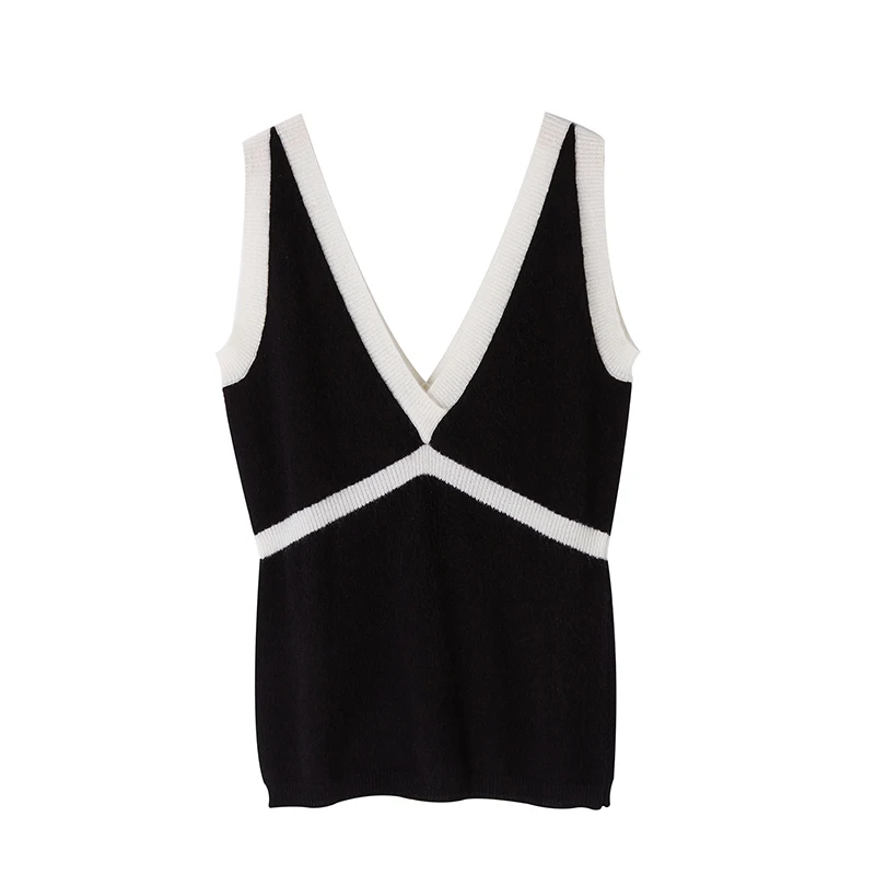 Кашемировый свитер для женщин спереди и сзади с v-образным вырезом майка на бретелях без рукавов; Цвет черный и белый; Вязаный джемпер для девочек