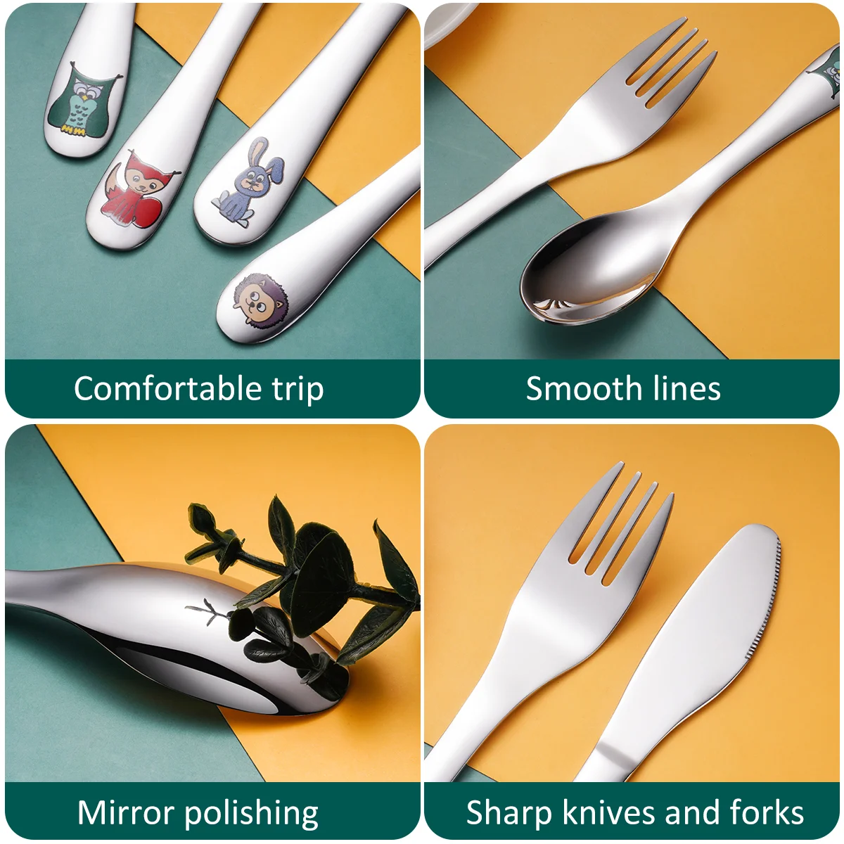 Wholesale Popular Cute Cartoon Animal Kids Flatware Cute Children Tableware Stainless Steel Baby Cutlery With Funny Pattern