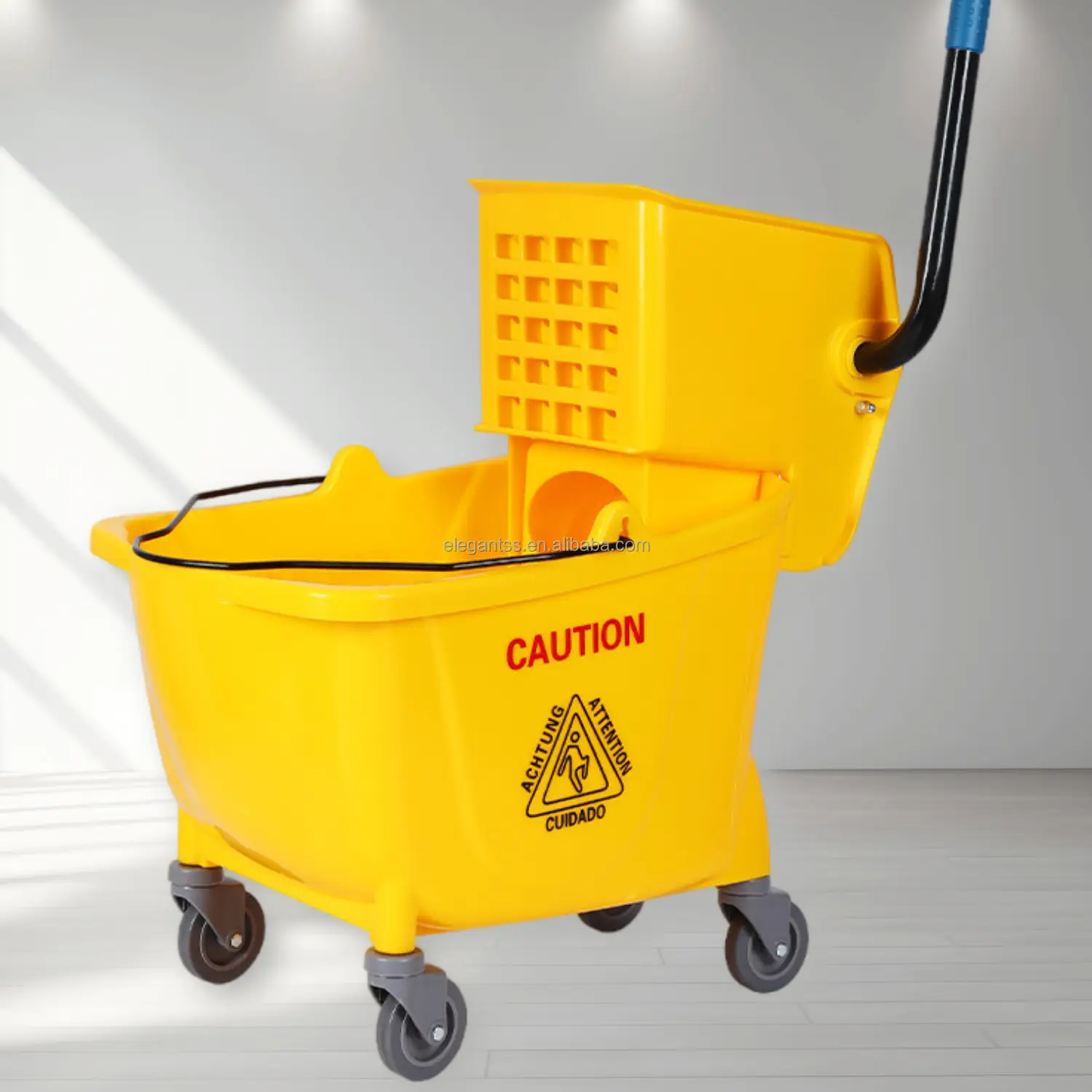 PP Polypropylene Yellow Commercial Mop Bucket with Side Press Wringer for Restaurants Hotel Janitorial Use