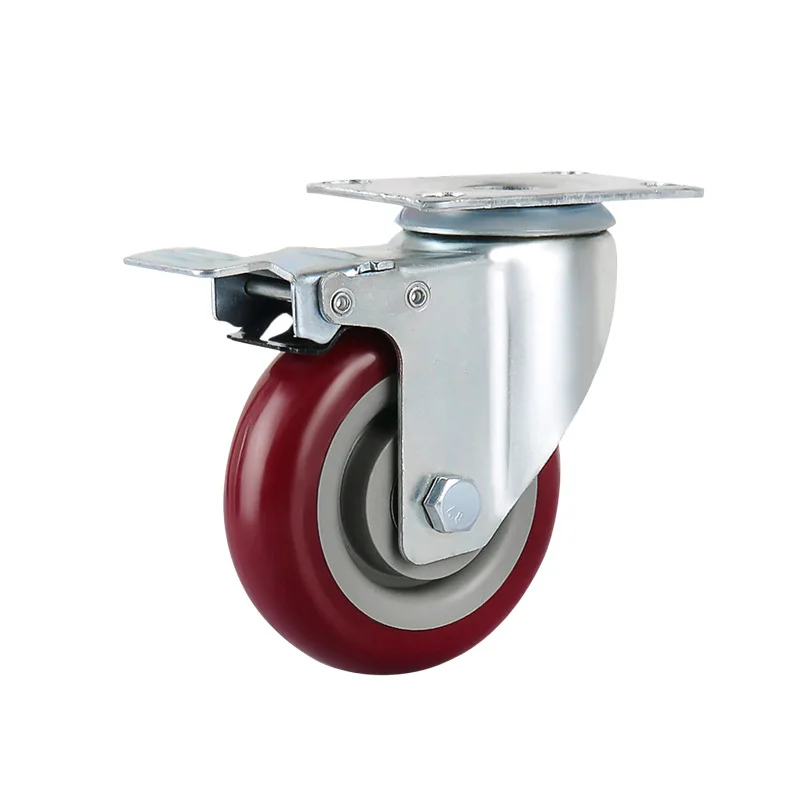 Heavy Duty Pu Plate Caster Wheel Industrial Shock Absorbing  Red Pvc Fixed Hand Carts And Trolleys Zine Castors Wheels