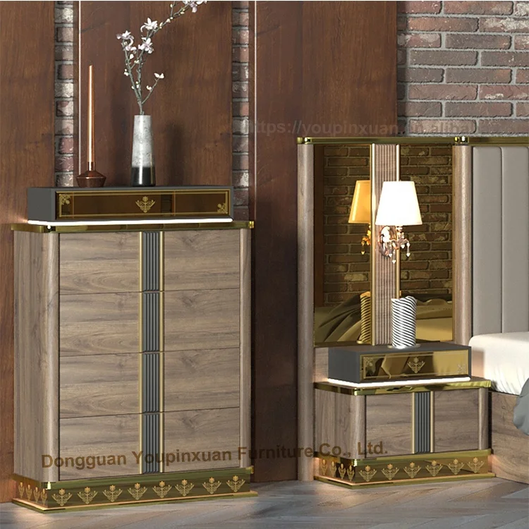 
Turkish Style Luxury King Queen Size 6 Pieces Golden Bedroom Furniture Master Bedroom Set 