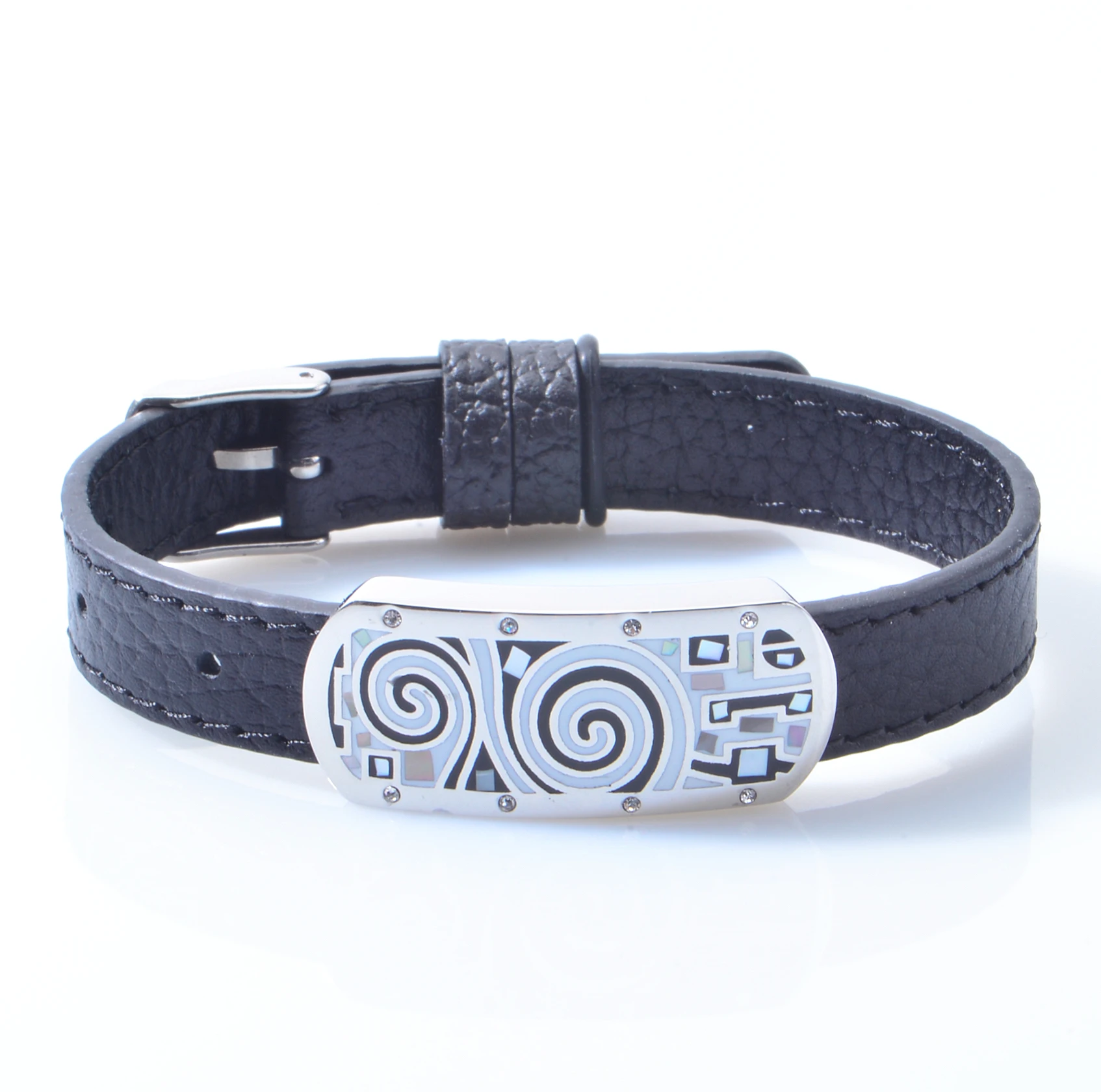 2023 Pop Stainless Steel Jewelry Surface Swirl Pattern With Enamel And Crystal Diamond Adjustable Microfiber Leather Bracelets