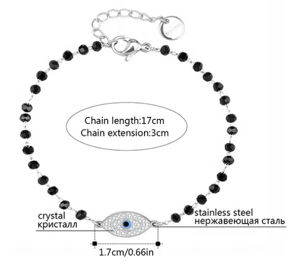 Stainless Steel Black Beaded Bracelets Stainless Steel Crystal Turkish Evil Eye Charm Bracelet/Brangle for Baby