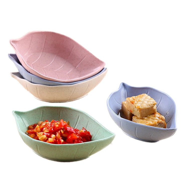 Eco Biodegradable Kitchen Canteen Wheat Straw Soy Leaf Shaped Sauce Salted Seasoning Dish Plates