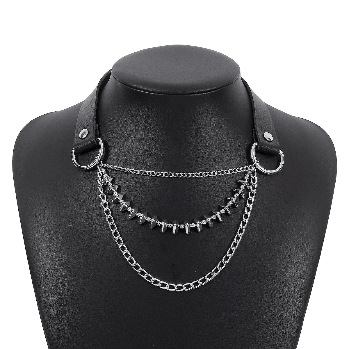 Harajuku Gothic Rock Hip Hop Exaggerated PU Leather Multi Layered Iron Chain Choker Necklace for Women