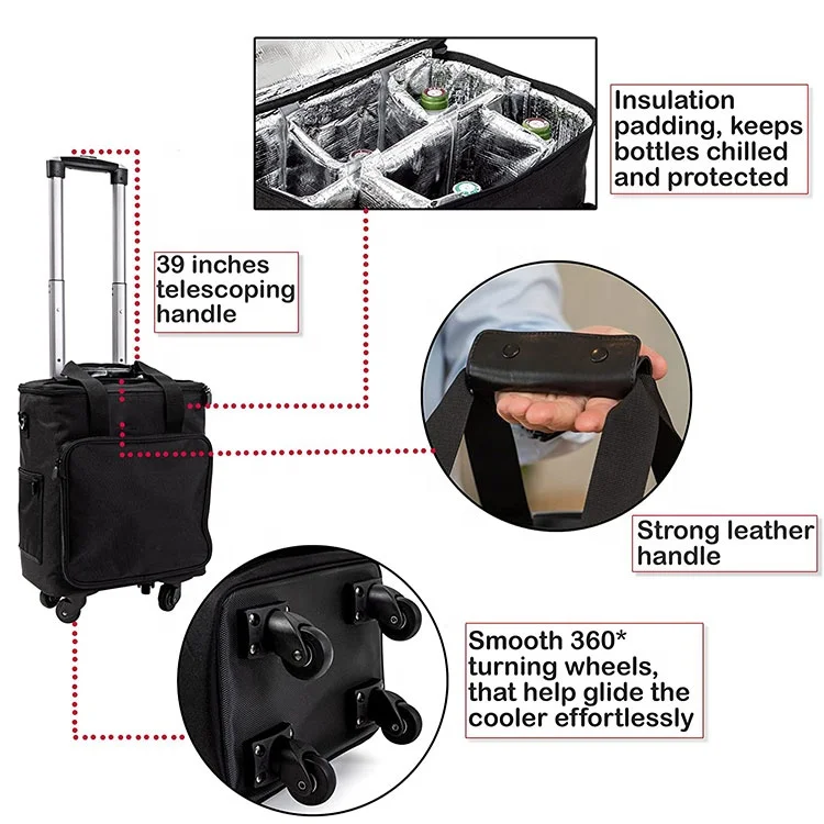 High Quality 6 Bottle Beer Drink Rolling Wine Box Bag Oxford Insulated Trolley Cooler Bag with Wheels