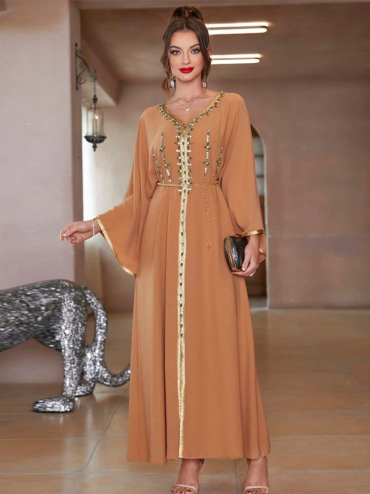 Handwork Diamonds Moroccan Caftan Women Jalabiya Wide Sleeve Arabic Dress Dubai Saudi Muslim Kaftan Party Evening Ramadan Abaya