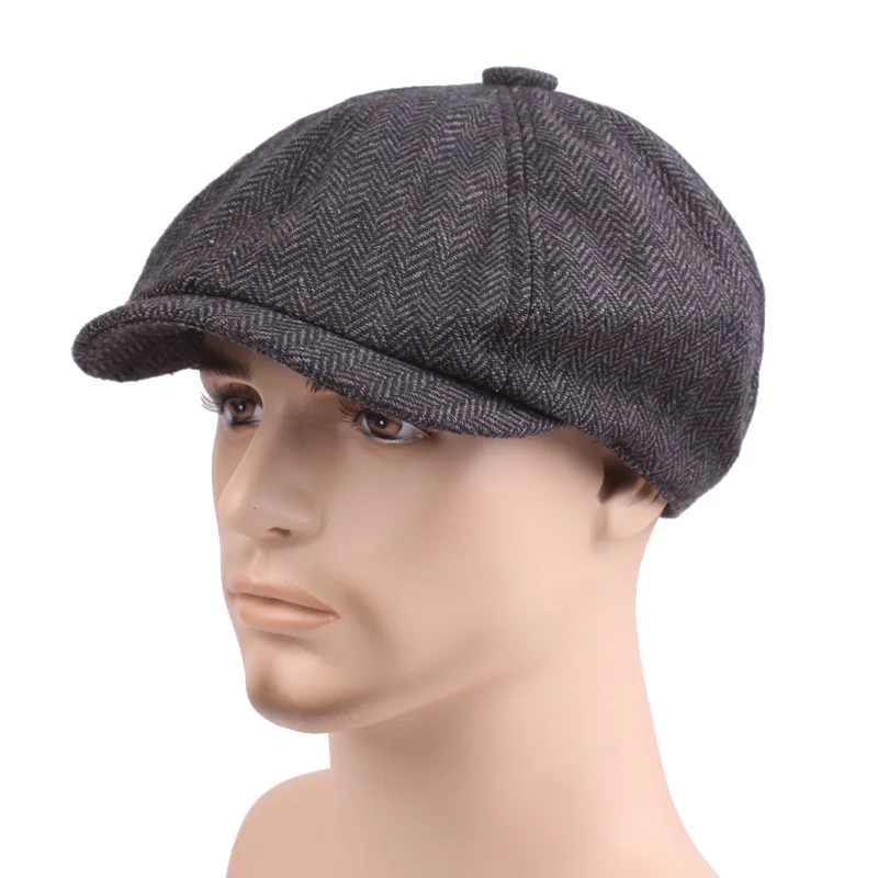 Mens 8 Panel Wool Blend Newsboy Flat Cap Herringbone Tweed Hat Classic Vintage Cotton Ivy Cabbie Gatsby Driving Hats Beret Cap