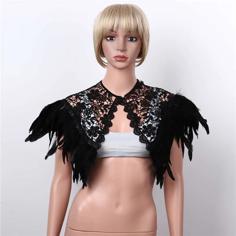 2022 water soluble lace feather shawl Europe and America cos foreign trade style black small cape ladies round neck-buckle