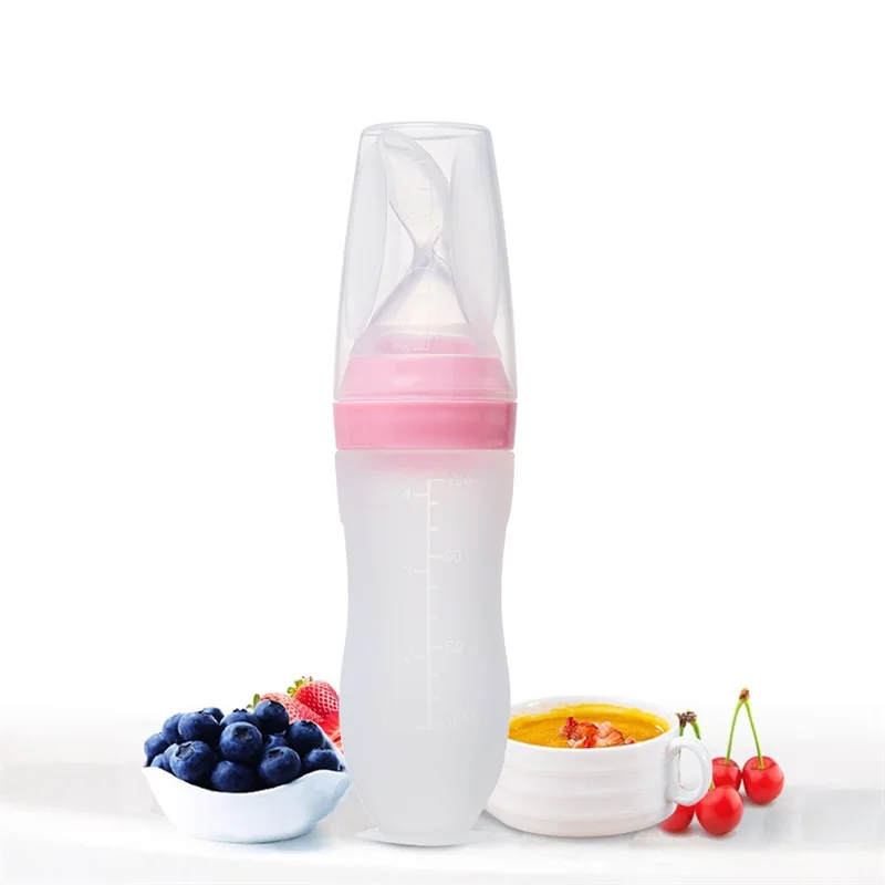 Private label logo Silicone food fruit feeder baby Feeding dispensing spoon bottle with suction sucker