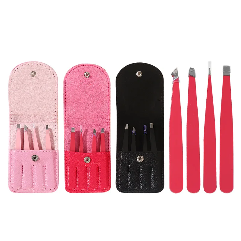 Pink Stainless Steel Professional Precision Multifunction Slanted Pointed 4 Piece Set Of High Quality Eyebrow Tweezers