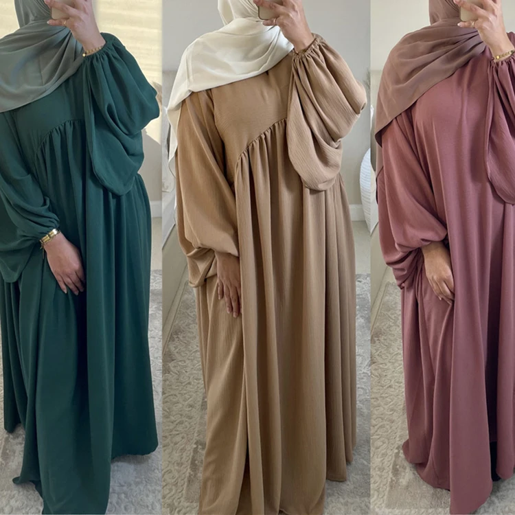 Women Muslim Maxi Abaya Dress Crepe Loose Kaftan Balloon Sleeves Solid Color Dubai Turkey Islam Clothes Caftan Robe Modest Gown