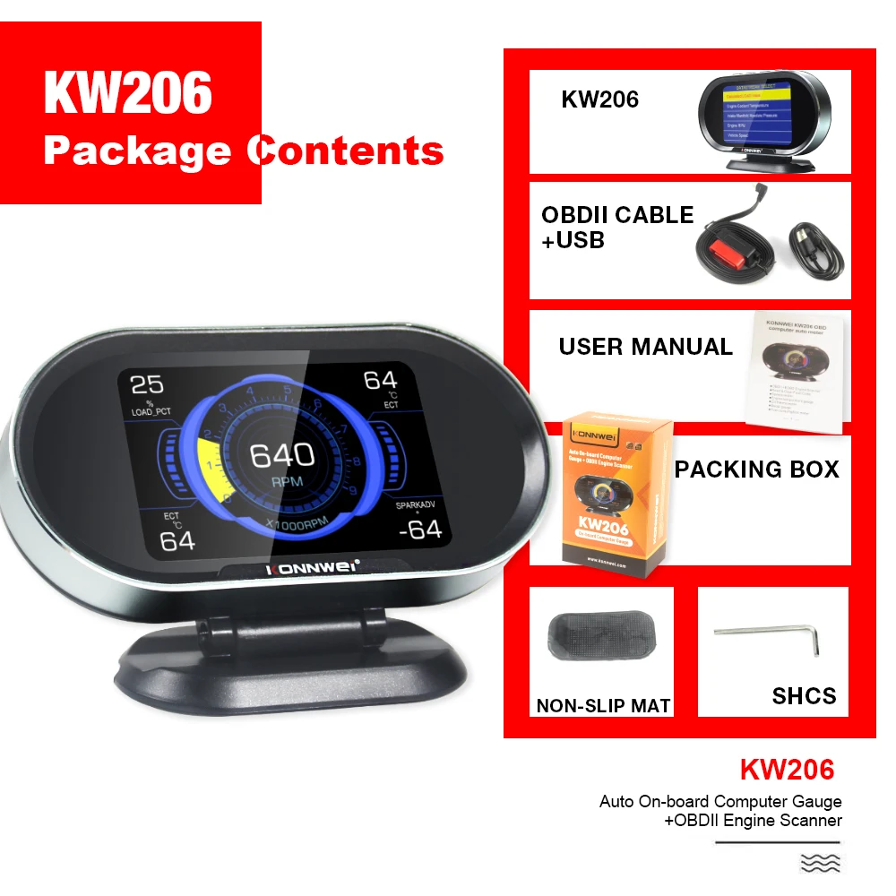 KONNWEI KW206 OBD2 Scanner Car Digital On-Board Computer LCD Fuel Consumption Water Temperature Gauge Speedometer