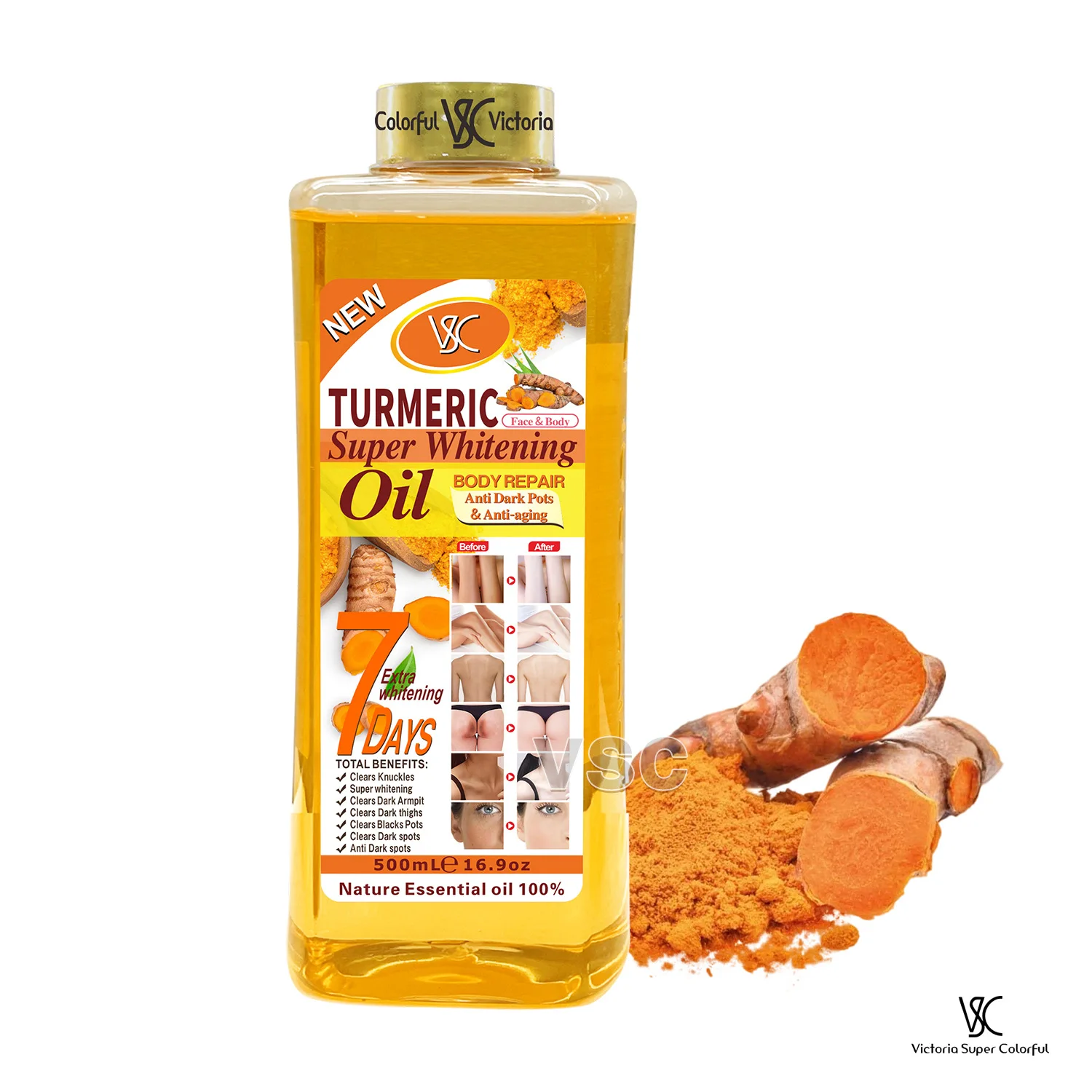VSC Turmeric almond Massage Oil 7 days Moisturizing Brightening Facial Skin Removing Blackness rose body massage oil 500ml