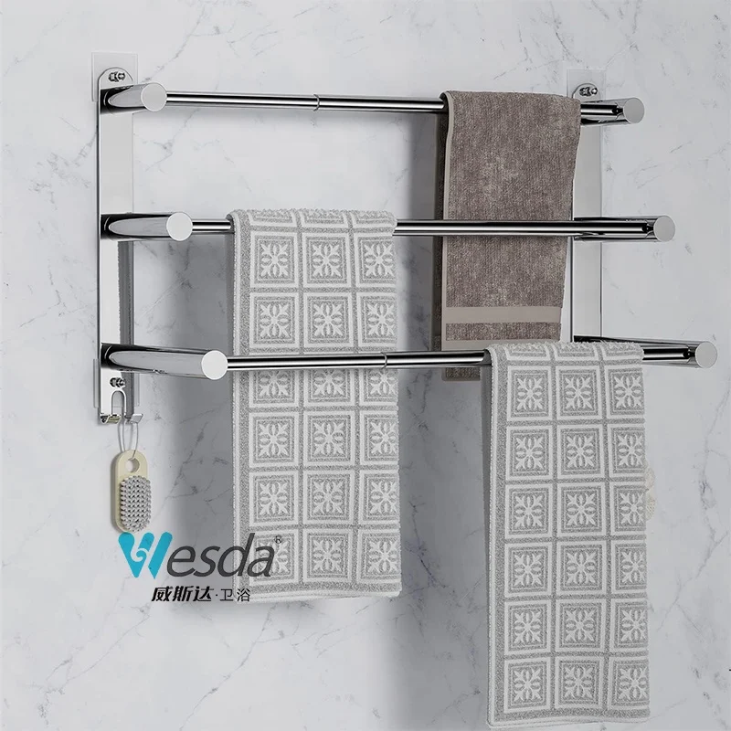 Wholesale Bathroom Towel Ladder Pendant Rod Rails 304 Stainless Steel Balcony Freely Retractable Bar Towel Rack with Hooks