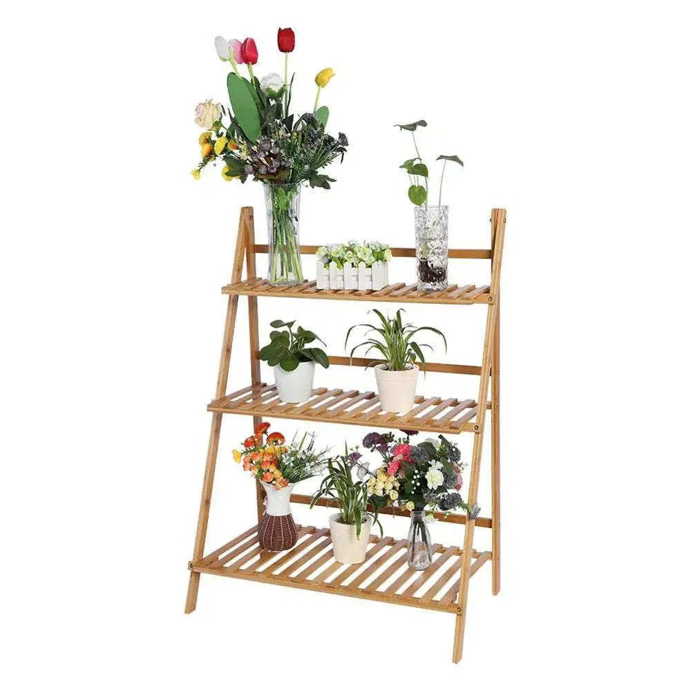 Folding Bamboo Plant Stand Shelf Flower Pots Organizer Plant Pots Rack