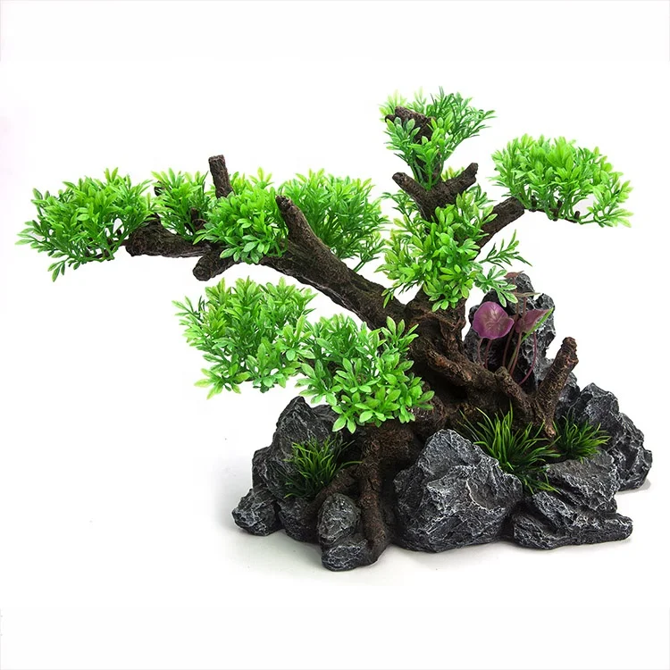 Fish tank aquarium large artificial resin bonsai tree on rock decoration ornament