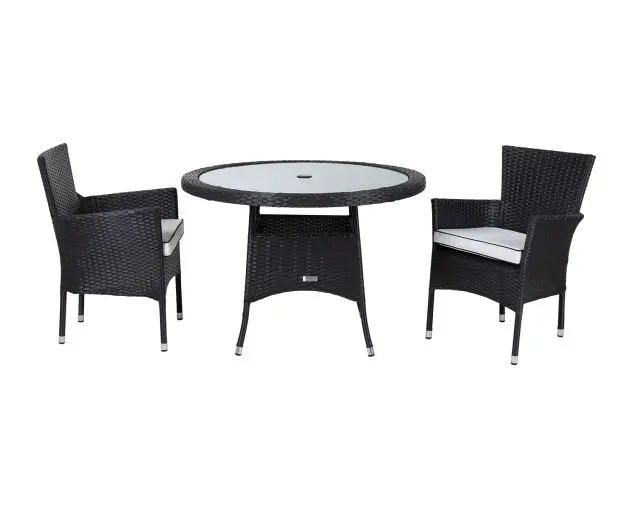 2 Rattan Garden Chairs and Small Round Table Set in Black and Vanilla