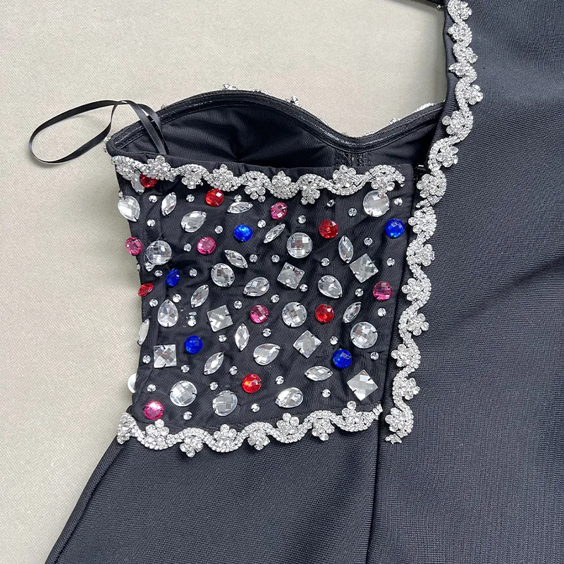 LS2446 High Quality One Shoulder Long Sleeve Luxury Diamond Hosting Stage Performance Sequins Long Bandage Elegant Evening Dress