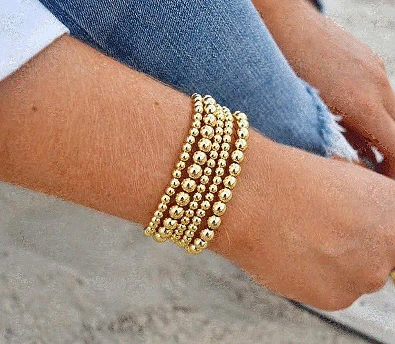 18K Gold Plated Beaded Ball Bracelets for Women Copper Stackable Stretch Elastic Bracelet
