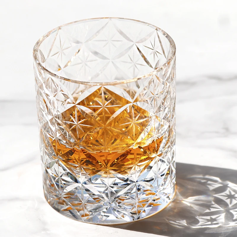 220ml K9 Clear Crystal Glass Whiskey Tumbler With Hand Carved Star Pattern Rocks Glass Edo Kiriko Circle Mesh Cocktail Glass Cup