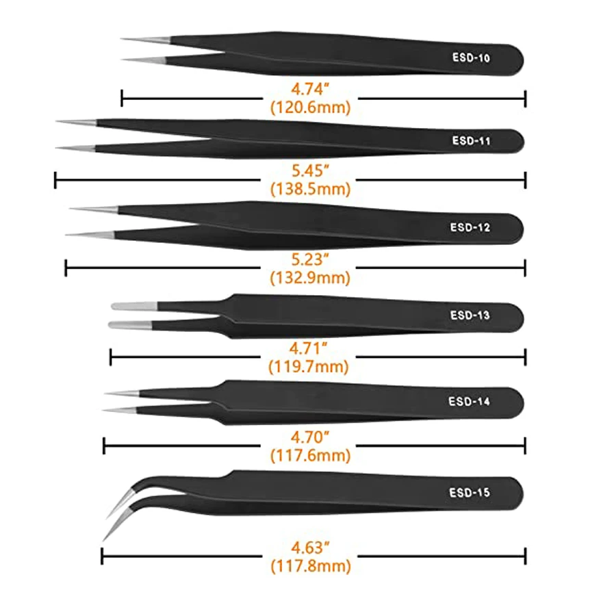 9PCS Black ESD Stainless Steel Tweezers Kit Precision Anti-static Maintenance Tools for Electronics Jewelry Phone Repairing