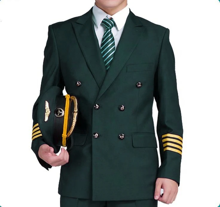 Custom  100% Cotton Fabric Green Pilot Uniform Sets Blazer Shirts Trousers Airline Staff Workwear Captain Uniforms