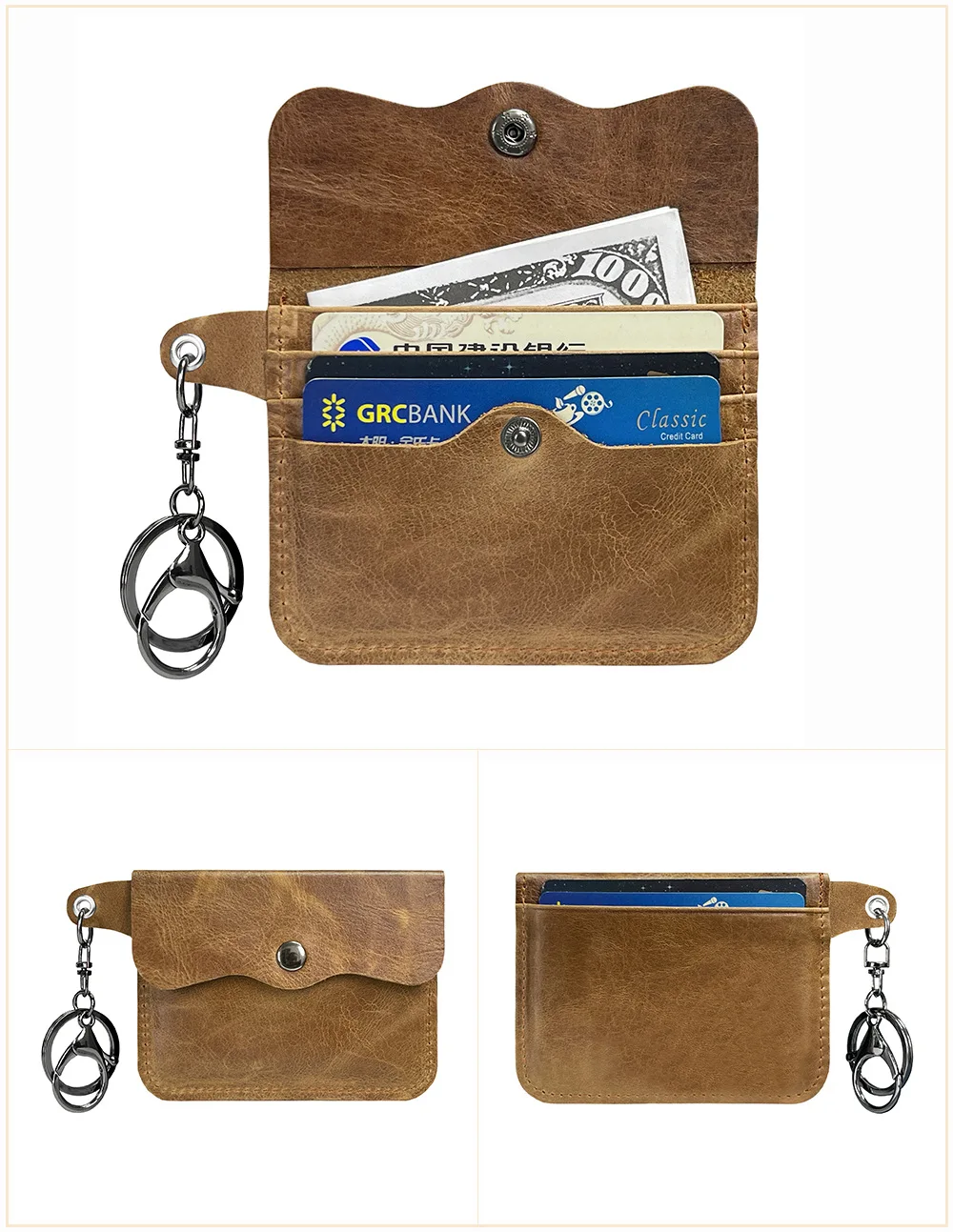 Unisex customize logo 100% real leather key ring card holder coin purse genuine leather card holder wallets for women and men