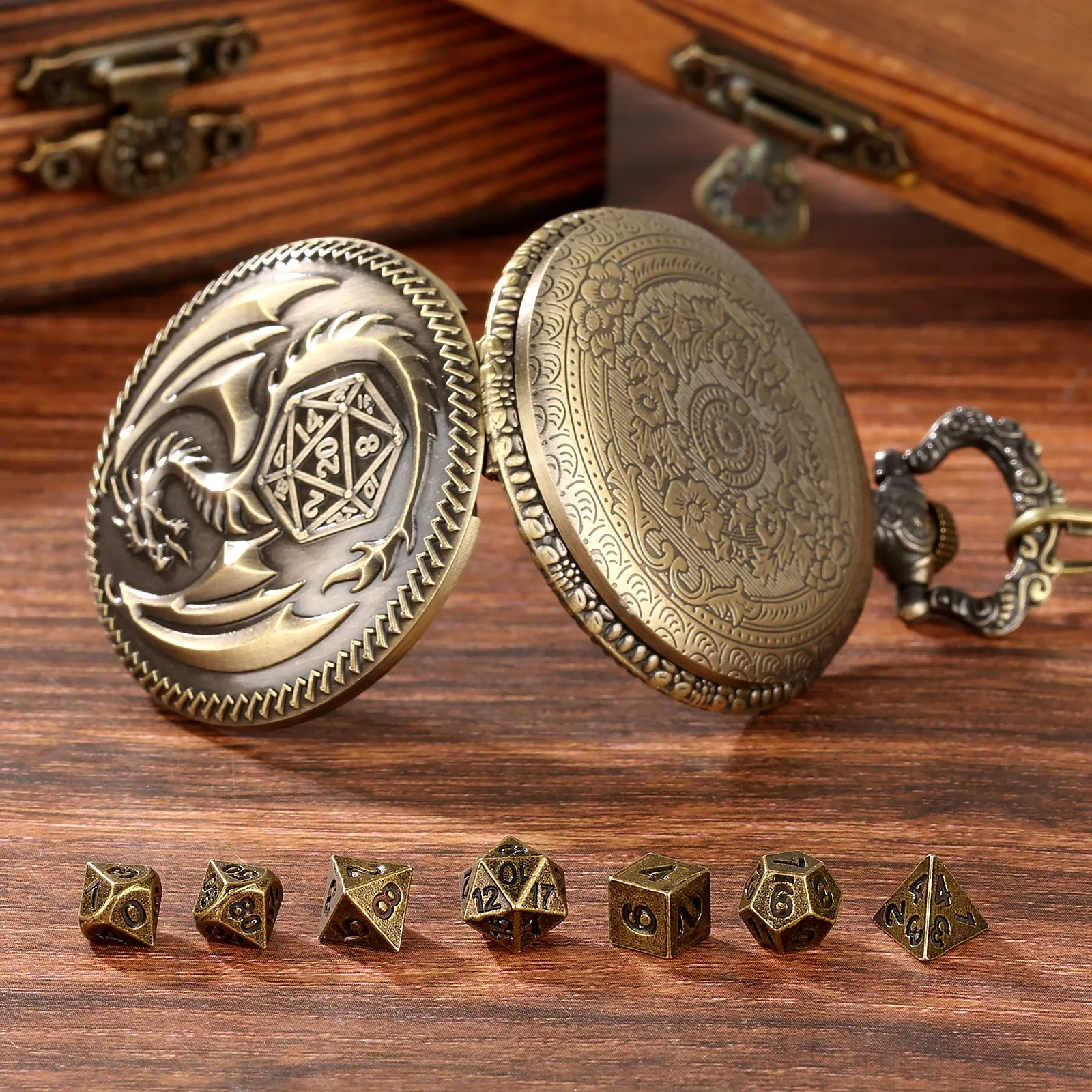 DND Dice Storage Case Pendant Gold Antique Old Pocket Watch for DND Player