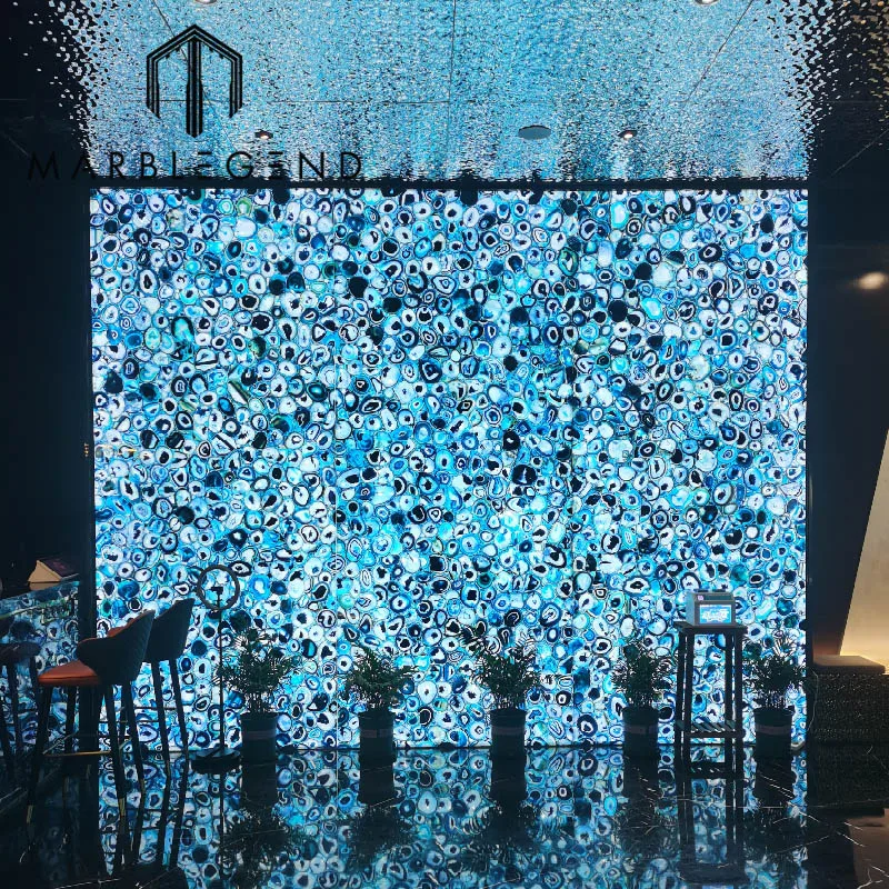 Luxury interior design blue agate crystal slab natural backlit blue agate wall for villa