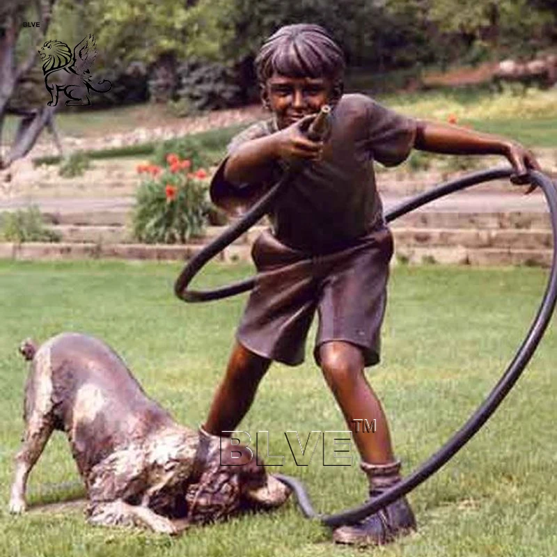 BLVE Villa Outdoor Garden Life Size Modern Casting Metal Statue Bronze Children Playing With Dog Sculpture