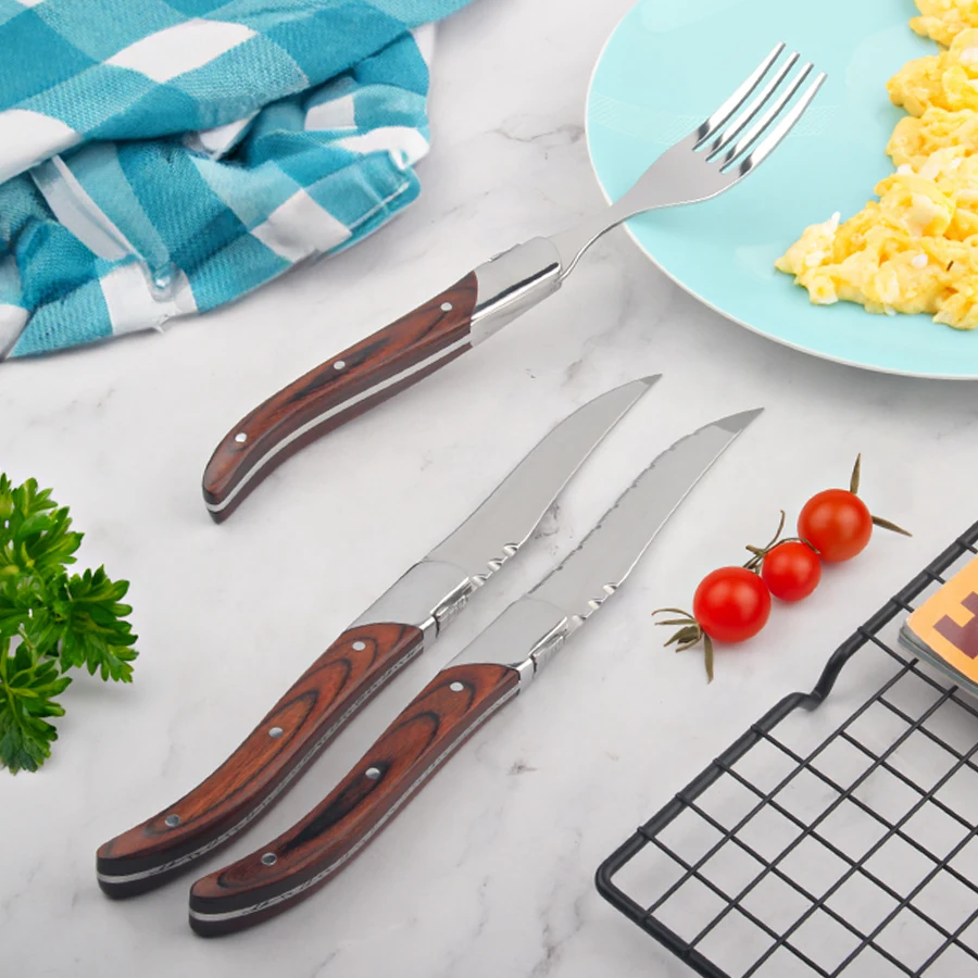 Luxury Laguiole Wooden Handle Stainless Steel Steak Knife Set And Fork 2 PCS Flatware Set