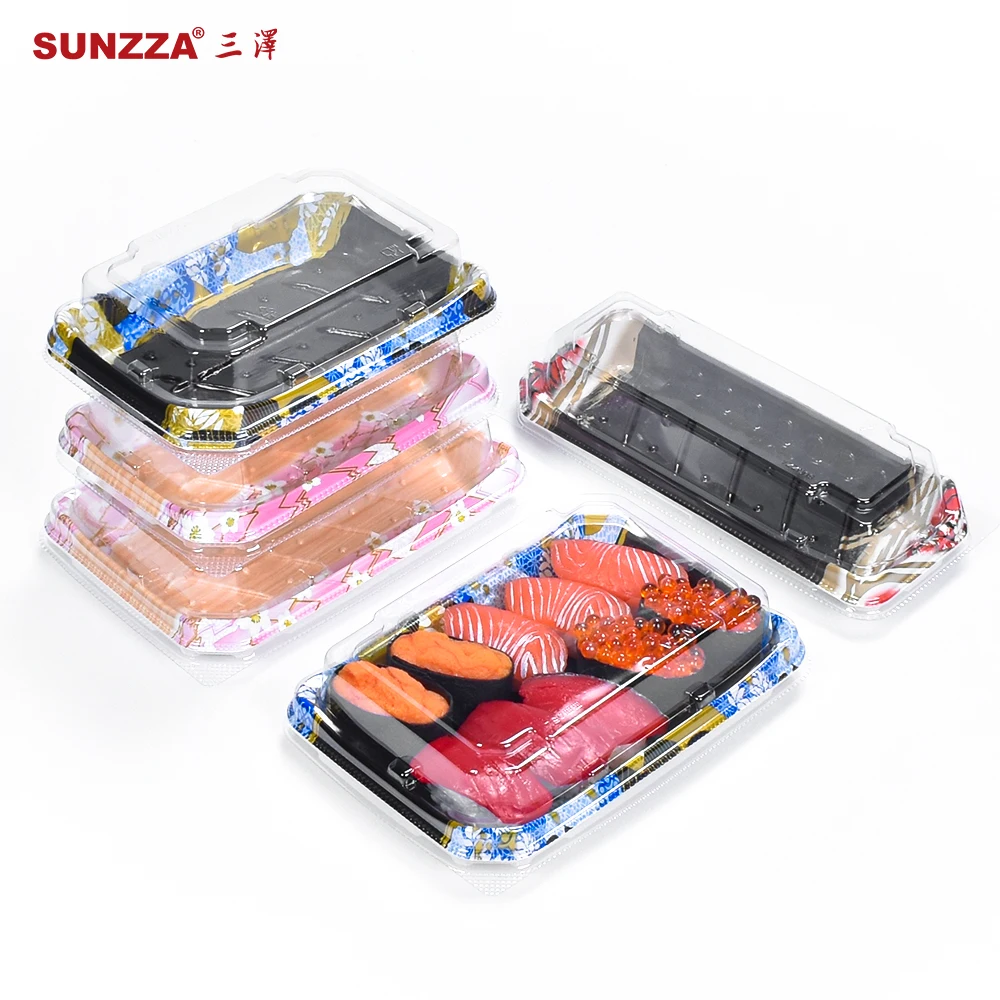 Sunzza cheaper price Japanese different beautiful printing design disposable takeaway to go container plastic sushi box
