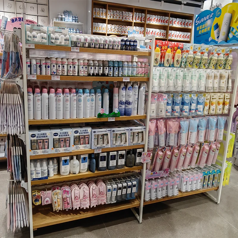 customized metal wooden miniso shelves for cosmetic store