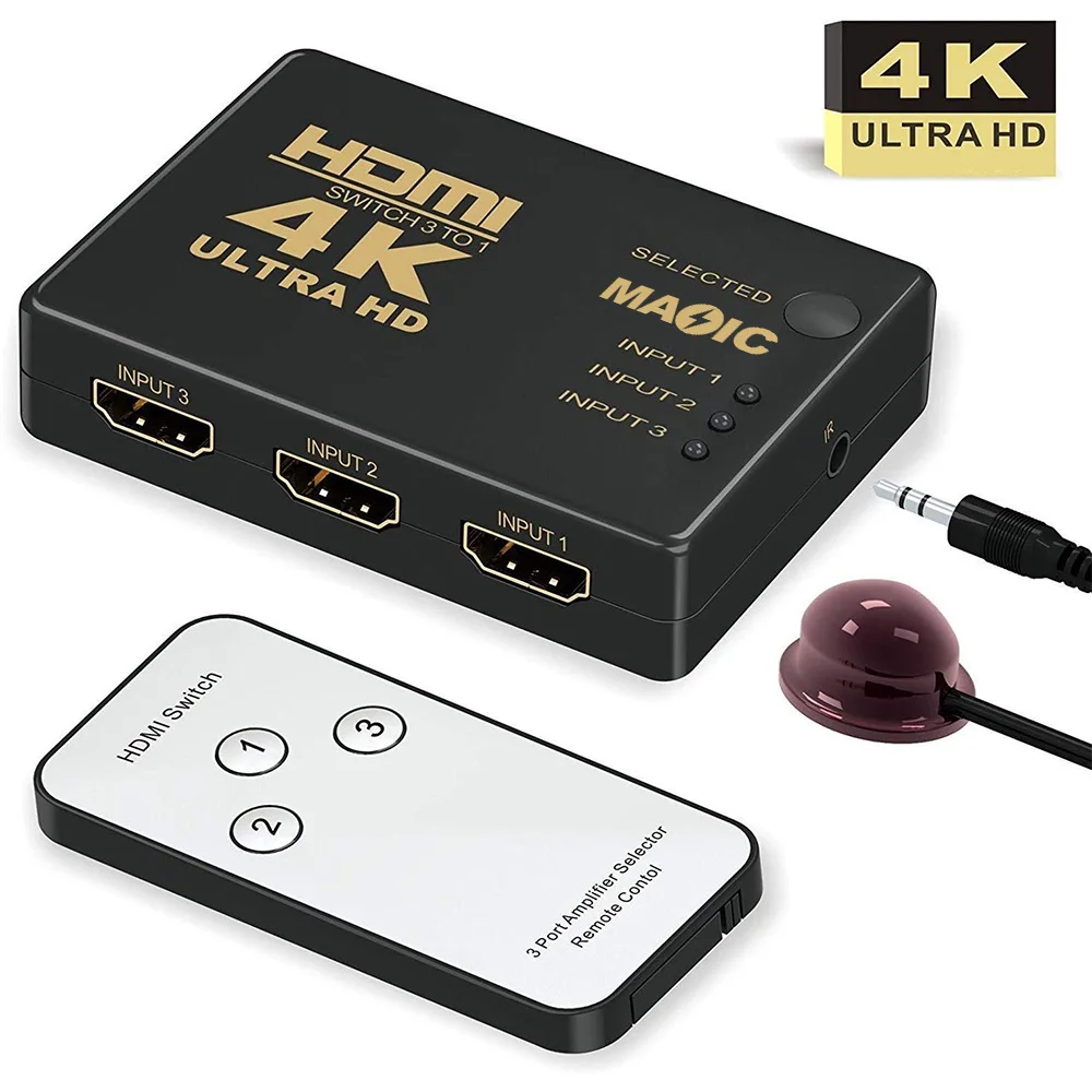 Factory Direct Sale Hdmi Switch 4k 3 in 1OUT Hub with IR Remote Control Splitter Box For HDTV PS4 DVD