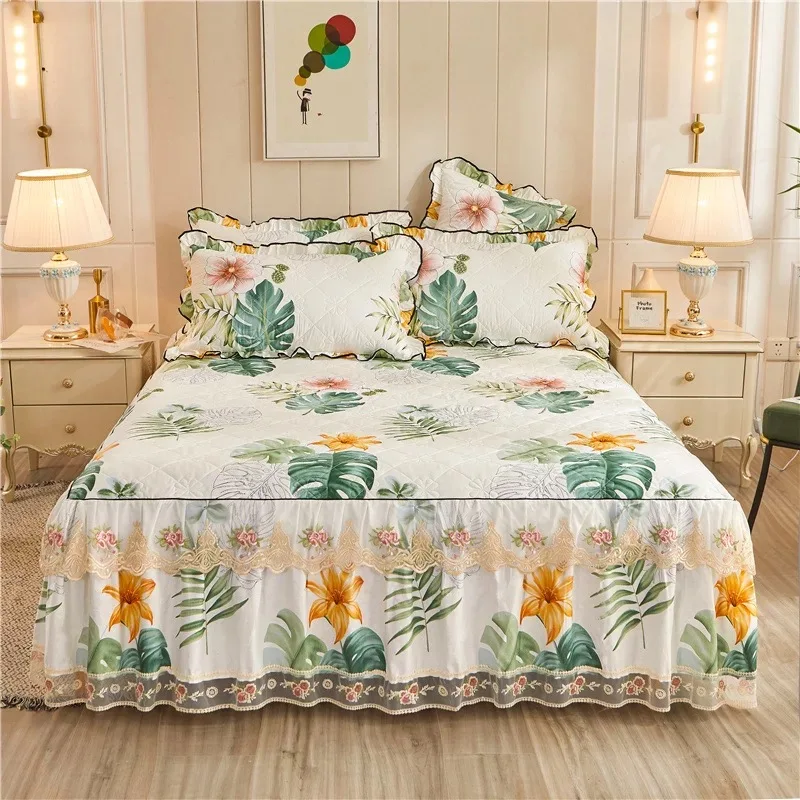 Небольшое хлопковое кружевное покрывало в дворцовом стиле с цветочным рисунком, комплект простыней, стеганое плотное хлопковое покрывало для кровати, юбка для кровати