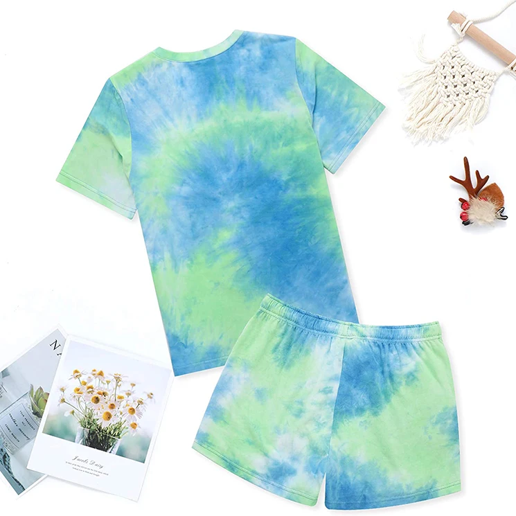 
2021 Soft Leisure tie dye colors two piece v neck short set pajama for Women 